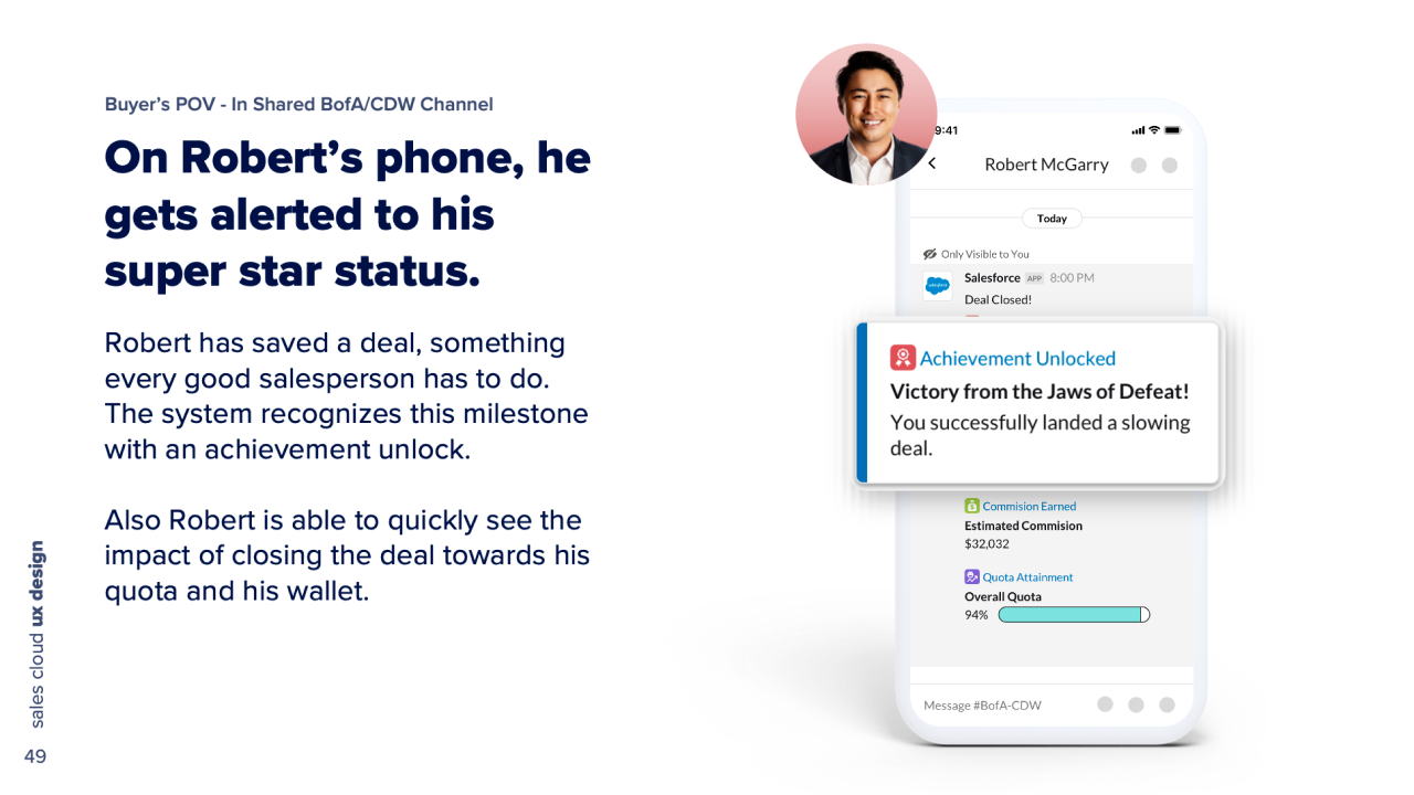 On the rep&rsquo;s phone, an achievement unlock recognizes the save alongside his commission and quota attainment.